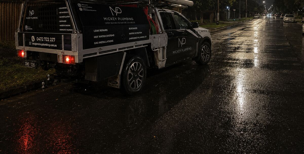 Mickey Plumbing ute out on a wet street at night