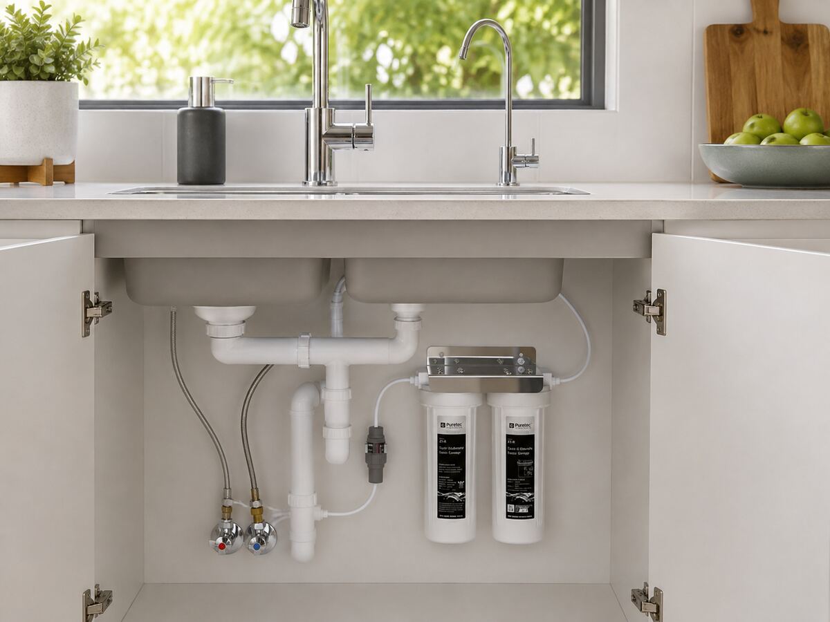 Under-sink water filtration system installed beneath a kitchen sink